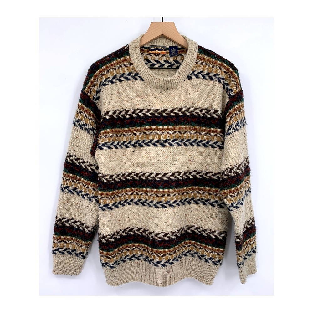 Vintage High Sierra Sweater Mens Medium Beige Fair Isle Wool Blend Crewneck Y2K